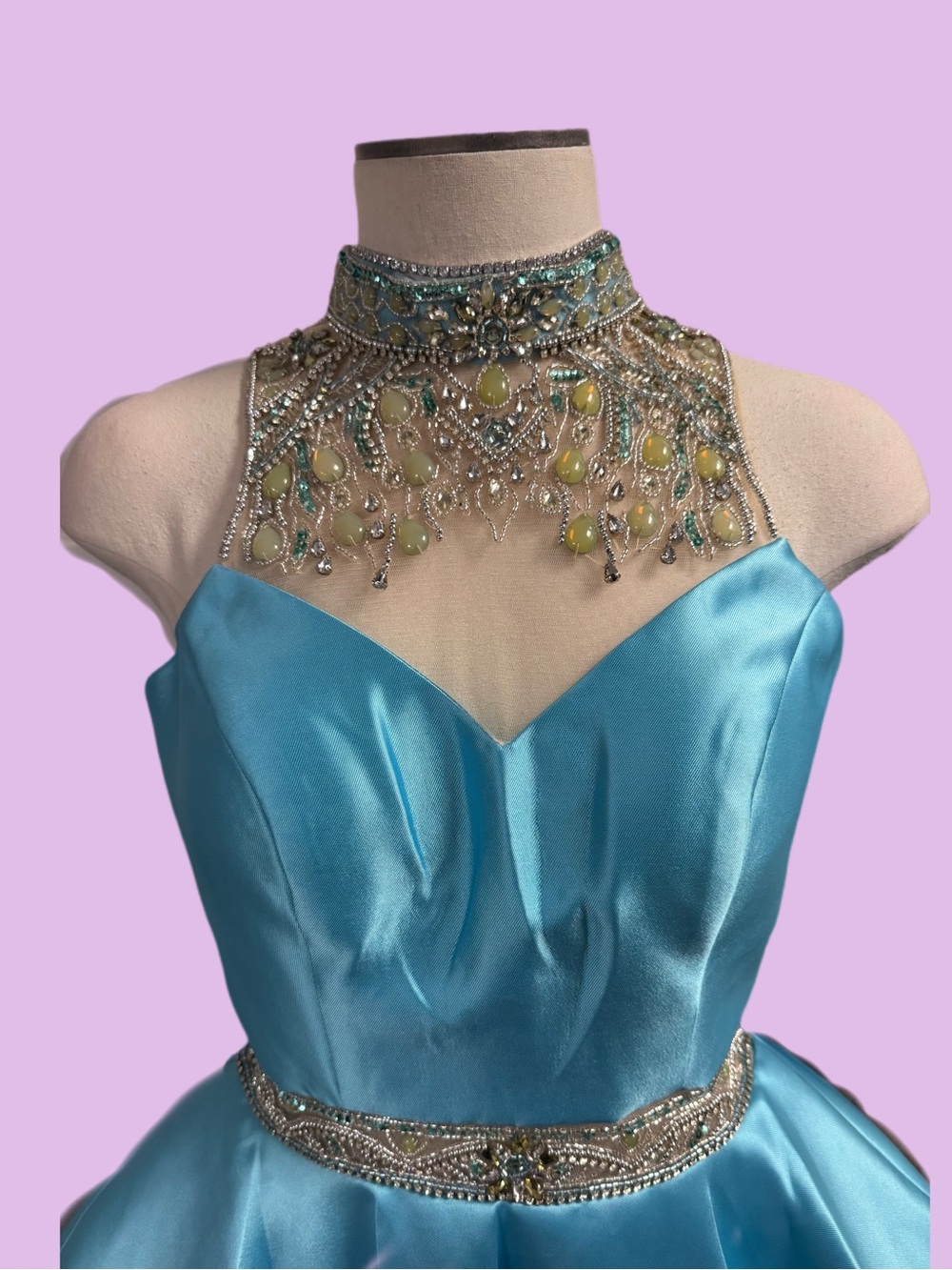 Aqua Blue Embellished High-Neck Short Prom Dress - Picture 2 of 6